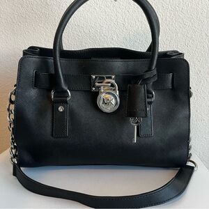 MICHAEL KORS Black Leather Hamilton Jet Set Selma Raven Satchel Tote Handbag